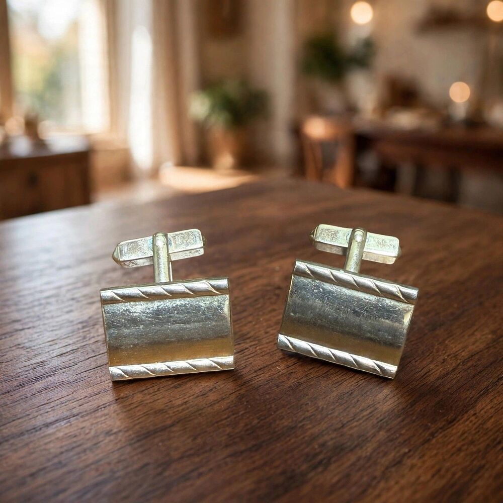Vintage Swank Gold Tone Rectangular Cufflinks Rope Edge Toggle Back